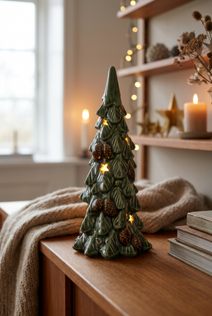 Grønt Keramik Juletræ med LED-lys | 24 cm