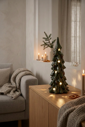 Grønt Keramik Juletræ med LED-lys | 31 cm