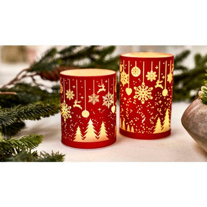 LED Cylinderlys med julemotiv & Timer | Rød