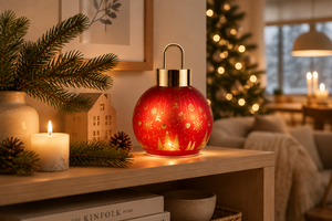 LED Glaskugle med Julemotiv & Timer | 16 cm, rød