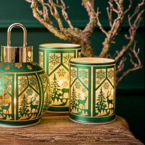 LED Cylinderlys med julemotiv & Timer | Grøn