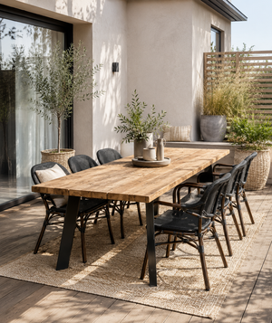 Havebord af genbrugsplanker med sort stålstel