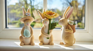 Påskeharer sæt af 3 | Med æg, blomst og rygsæk